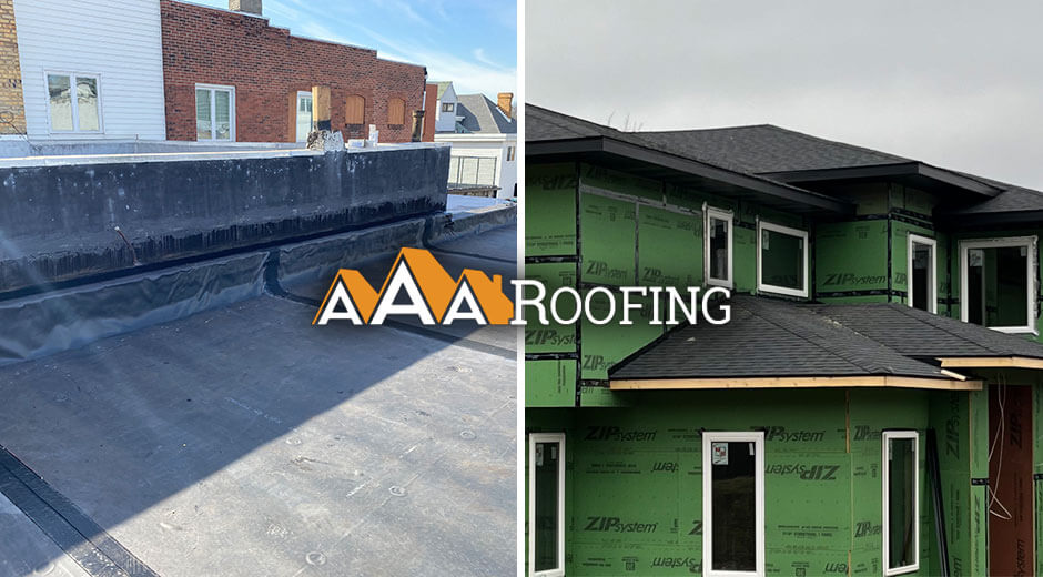 AAA Roofing logo over top of commercial and residential roofing examples